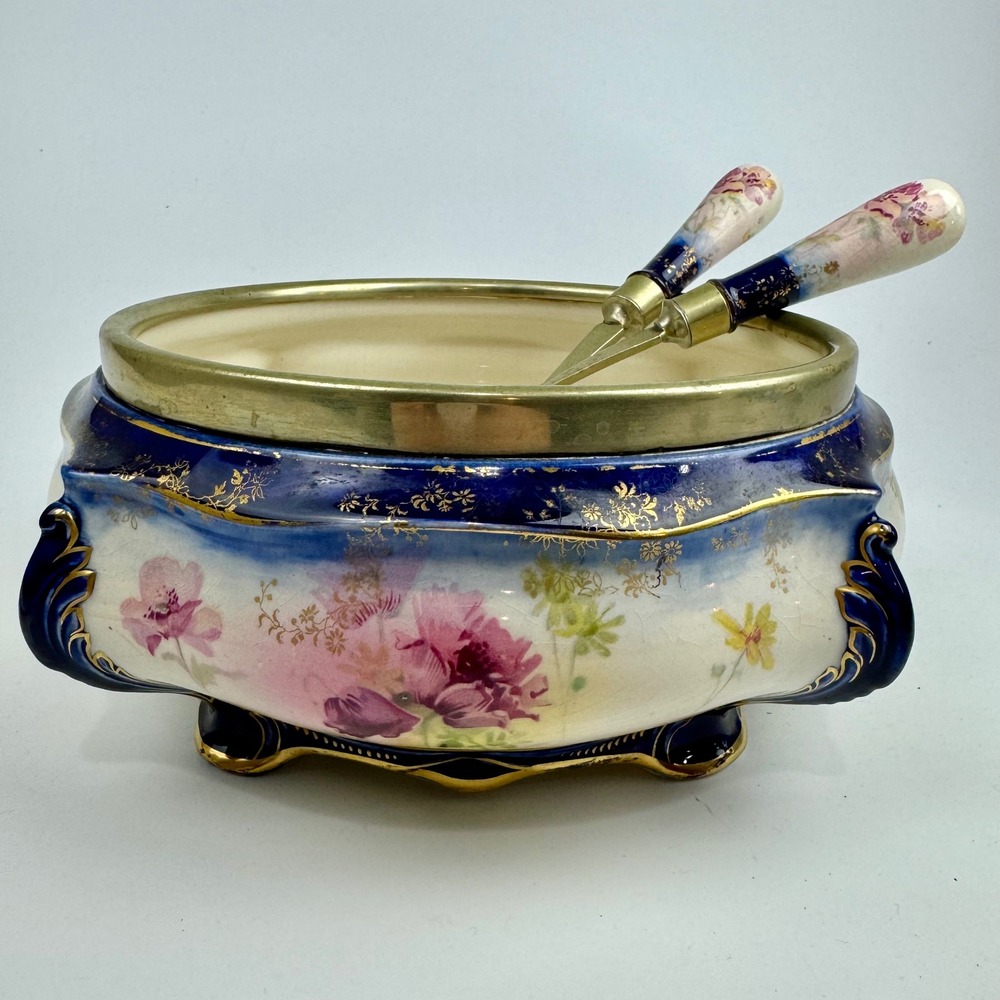 Royal Doulton Antique Floral Salad Bowl Set Fork Spoon Cobalt Blue Gold Trim‎
